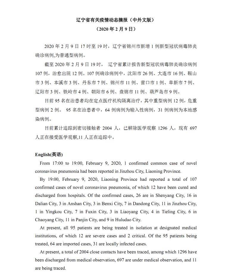 辽宁省有关疫情动态摘报（中外文版）